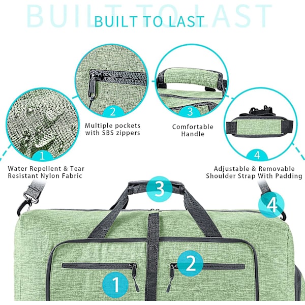 Reise-Dufflebag for menn, 65l sammenleggbar reise-duffelbag med sko-rom nattpose for menn kvinner vanntett og rivebestandig Light Green