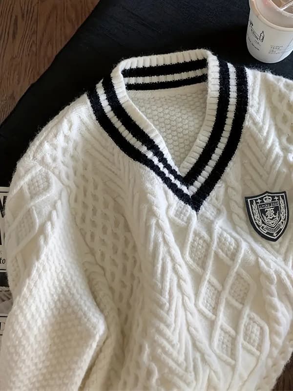 Kontrastfärgad kabelstickad tröja, preppy V-ringad långärmad tröja för höst och vinter, damkläder black