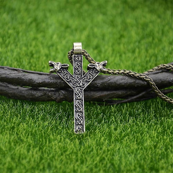 Nordiska Runor Algiz Skydd Amulett Varg Huvuden Talisman Viking Halsband Hänge Smycken Rope Chain Silver