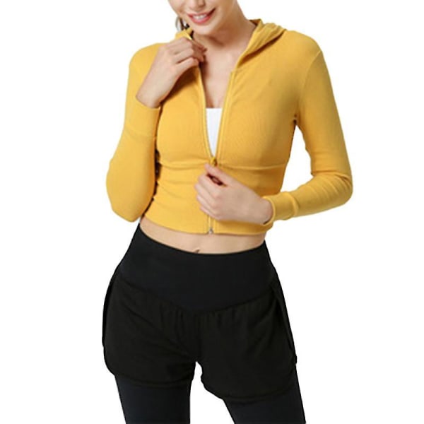 Dame Crop Tops Sweatshirts Langærmet Fuld Lynlås Hættetrøje Tætsiddende Rib Træningsjakke Til XL Yellow