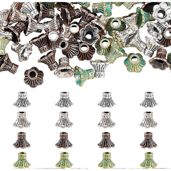 80 st 4 Färger Tibetanska Blommaändkapslar Legering Konpärlhuvar Antik Blomma Distanspärlhuvar Metall Trasaändkapslar