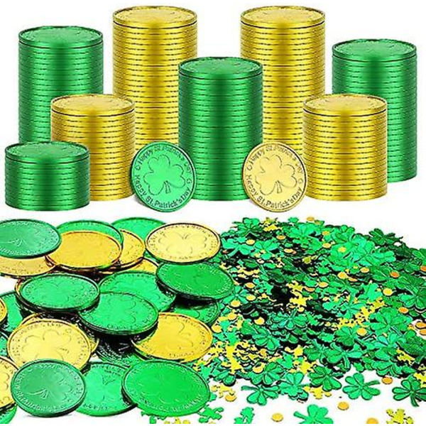 200 kpl Pyhän Patrickin päivän muovisia shamrock-kolikoita, 3-lehtisiä apiloita, onnenkolikoita, kultaisia ja vihreitä kolikoita shamrock- ja tonttukonfeteilla irlantilaisille