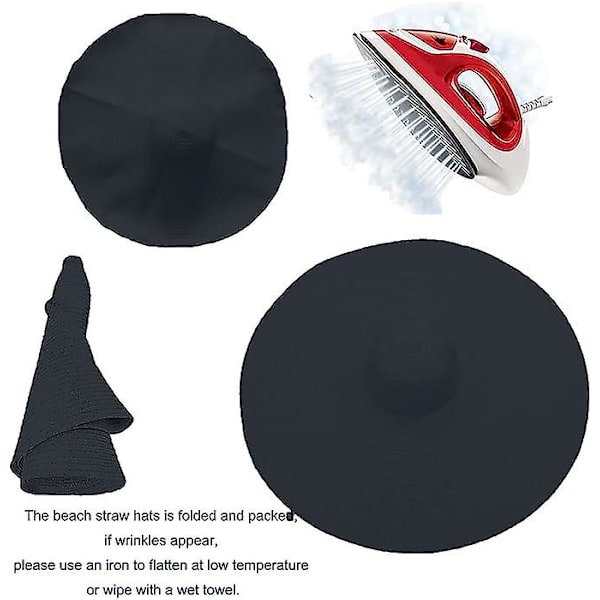 Överdimensionerade strandhattar för damer Extra stor strandhatt med bred brätte Vikbar roll-up floppy solhatt Sommar utomhus svart