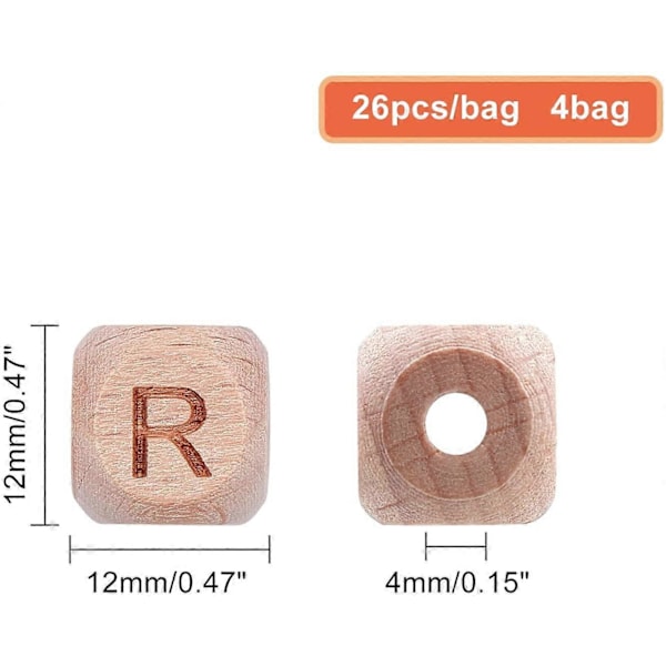 104 kpl (4 sarjaa) 12 mm aakkoset puiset helmet luonnollinen pyökki neliö puiset helmet puiset irtophelmet alkukirjaimella korujen valmistukseen ja tee-se-itse-askarteluun
