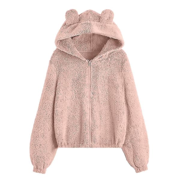 Dame Vinter Plysj Genser Glidelåsforet Hettejakke Med Søt Bjørneørehette XL Solid Pink