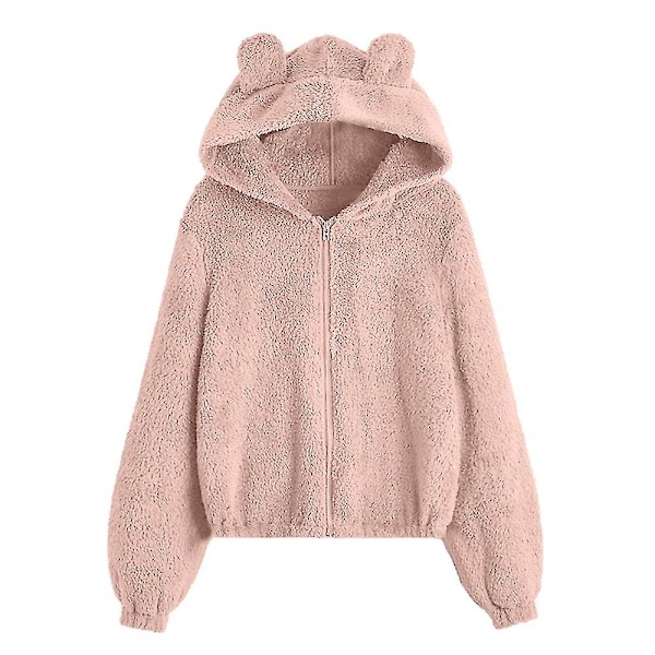 Kvinnors vinterplyschtröja med dragkedja och huva med söta björnöron S Solid Pink