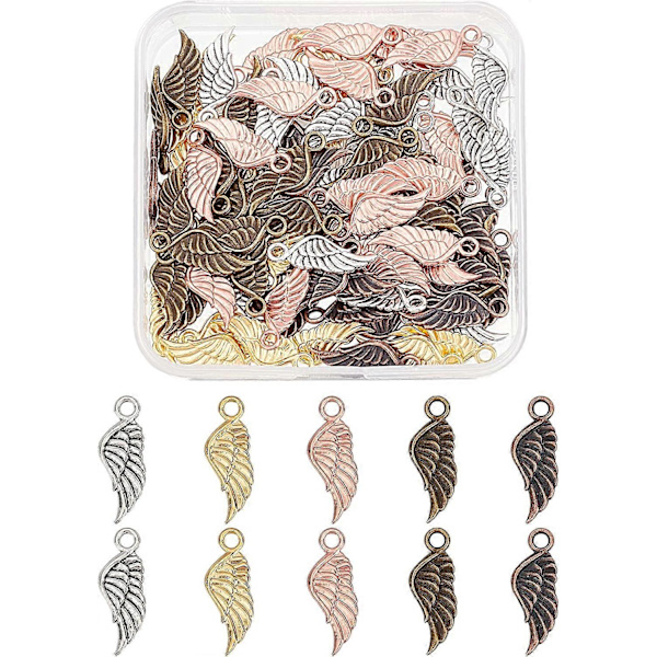 100 st Ängelvinge Berlock Hänge Tibetansk Stil Legering Fjäderhängen 21x8x2mm Blandade Vingar Berlockpärlor för DIY Armband Halsband Smyckestillverkning