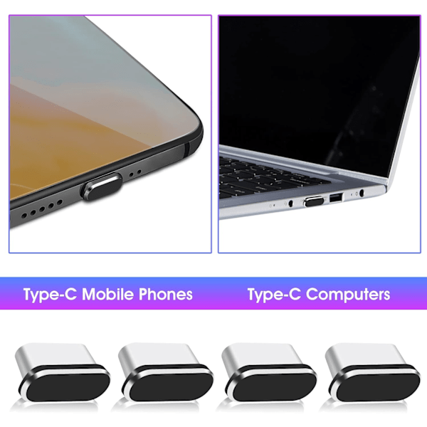 4 kpl pölysuojia, USB Type C -pölysuojia, Type C -pölysuojatulppa useimpiin älypuhelimiin ja Micro USB Android -malleihin