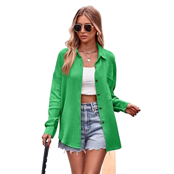 Dam Casual Långärmad Skjortor, Lös Passform Krage Skjorta Toppar Green XL