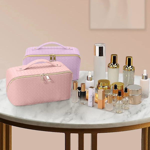 Kosmetiktaske med stor kapacitet Pu Vævet Kosmetik Opbevaringstaske Pink