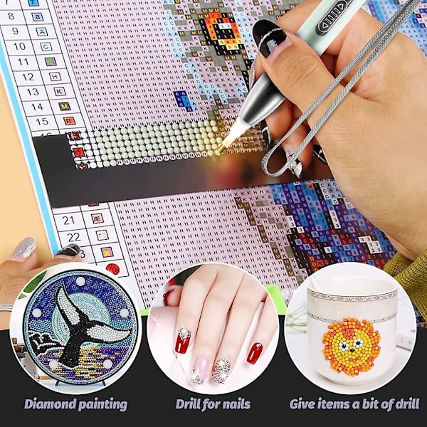 Punktborepenn, 2 stk Diamantmalingspenn med LED-lys 5d DIY Diamantkunstpenner med 2 lysmoduser, 10 stk Erstatningspennspiss, 2 stk Forstørrelsesglass