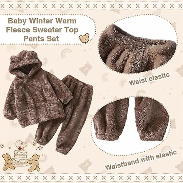 Toddler Baby Fleece Byxor Pullover Toppar Set, Vinter Varma Sweatshirt Byxor Set Beige 110