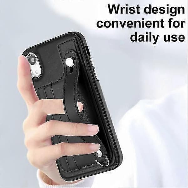 Mobiltelefoncovers til iPhone XR Stødsikkert lædertelefoncover med håndledsrem (Sort)
