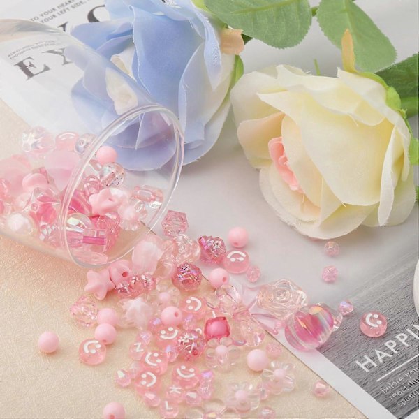 279 stk. 24 Style Pink Akryl Perler Assorterede Perler Transparent Blandet Form Søde Yndige Hjerte Blomst Bogstaver Smil Perler Bulk Sæt til Smykkefremstilling Bra