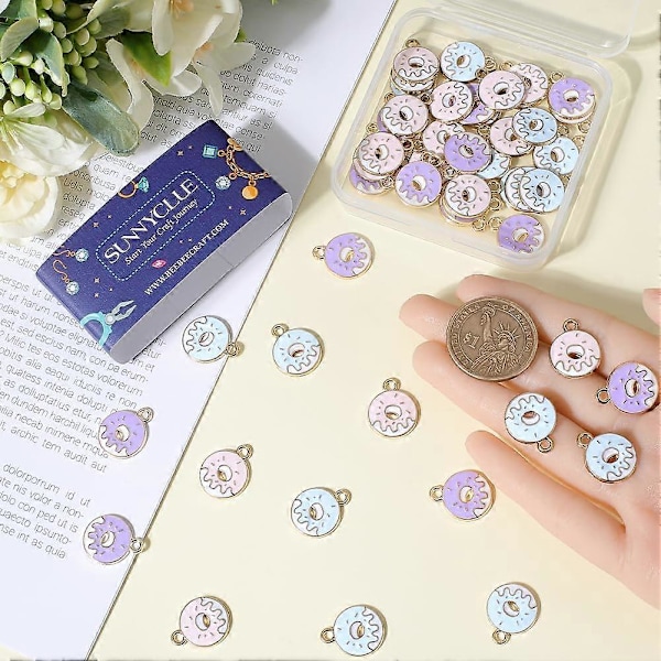 1Ask 54 st 3 Stilar Emalj Donut Berlocker Bulk Mini Mat Berlocker Söta Legering Doughnut Rosa Hoop Söt Dessert Charm
