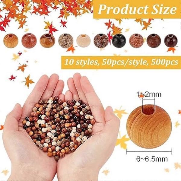 500 st Naturliga Träpärlor 10 Stilar 6mm Runda Träpärlor Lösa Pärlor Släta Träavståndspärlor för Armband Halsband Örhängen Smyckestillverkning DIY-Hantverk