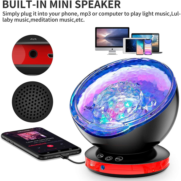LED Projektorlampe, Ocean Waves Projektor med Fjernbetjening, Timer, 8 Farvetilstande, 6 Musiklyde, Sort