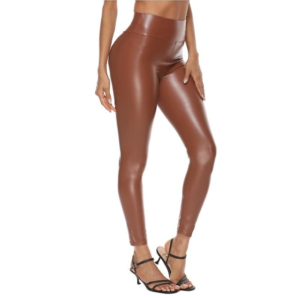 Kvinnors stretchiga leggingsbyxor, sexiga höga midje leggings i läderimitation Brown L