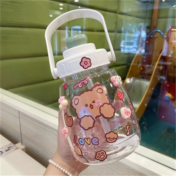 1.3l Kawaii Vesipullo Pillillä Ja Tarralla, Kawaii Karhu Vesipullo, Kawaii Kannettava Vesipullo, Söpö Vesi (valkoinen)