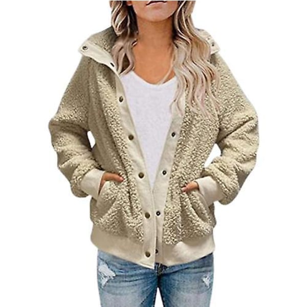 Damer Vinter Langærmet Jakke Frakke Lommer Varmt Fleece Khaki 2XL