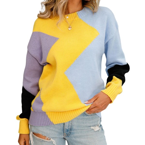 Kvinnor Snygg Rhombic tröja Kvinnor Långärmade tröjor Crewneck Stora tröjor För Kvinnor Flickor Casual Lös S Yellow Collated Blue
