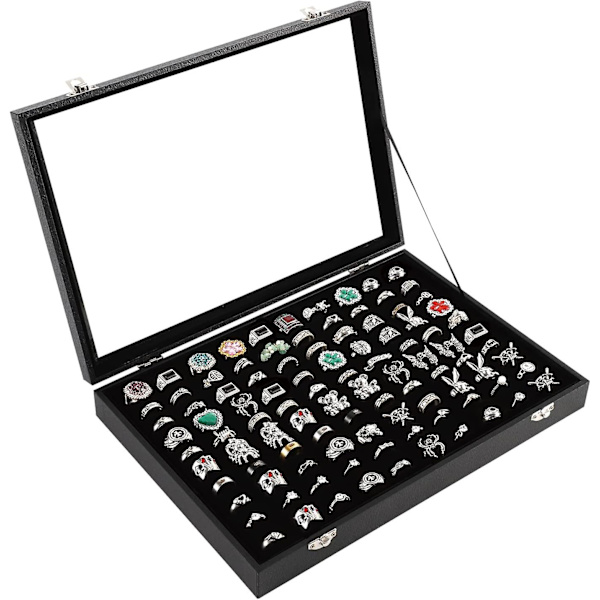 Ringæske med 100 rum, organizer displayboks, ringholder opbevaringsæsker til smykkeudstilling med glaslåg (sort velour).
