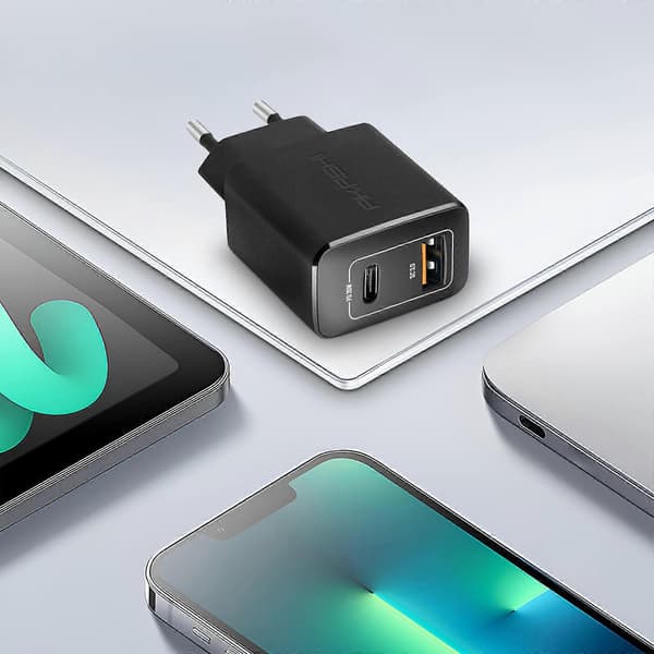 Dobbel lader USB-A QC 3.0 + USB-C PD 20W Hurtiglading Akashi hvit Black