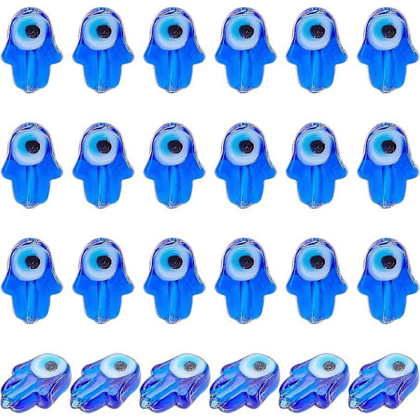 28 st Hamsa Hand-pärlor med onda ögat i glas, handgjorda lampwork för smyckestillverkning, blå