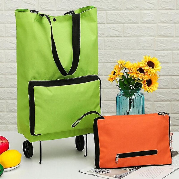 Bærbar Trillebag med Hjul Høy Kapasitet Supermarked Sammenleggbar Handlebag Tralle Orange