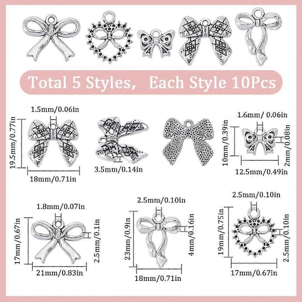 1 Ask 50 st 5 Stilar Rosettberlocker Rosett Charm Legering Silver Ihåliga Tibetansk Stil Halloween Jul Rosettknutsberlocker för Smyckestillverkning Berlocktillbehör