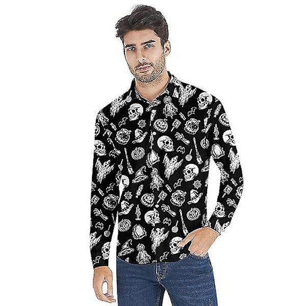 Herr Jul Halloween Långärmad Knapp Ned Skjorta Casual Slim Fit Klänningskjortor Q4 M