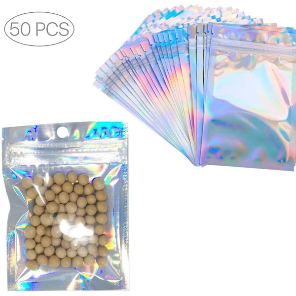 50 stk. klare gyldne genlukkelige Mylar-poser aluminiumsfolieposer dobbeltsidet metallisk folie flad lynlås 14X20CM