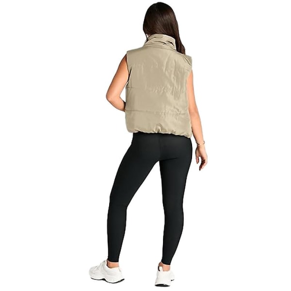 Puffer väst dam ärmlös vinter beskuren ståkrage dun ytterkläder Light khaki M