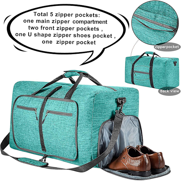 Reise-Dufflebag for menn, 65l sammenleggbar reise-duffelbag med sko-rom nattpose for menn kvinner vanntett og rivebestandig Mint Green