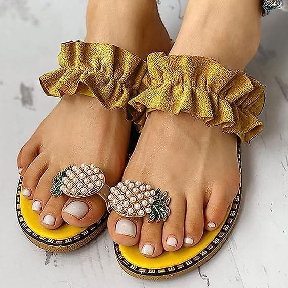 Sandaler for kvinner, flate, avslappede slippers med ringtå, strandsko Yellow 41