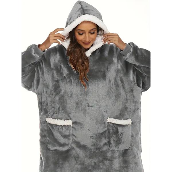 Casual loungewear-morgenkåbe i store størrelser, tyk Sherpa fleece varm ekstra lang oversized bærbar tæppe til damer med lommer (længde: 150 cm) grey