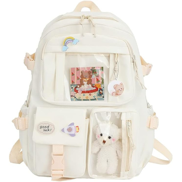 Kawaii rygsæk, Kawaii rygsæk med Kawaii nåle og tilbehør, Kawaii rygsæk til piger studerende, sød æstetisk rejserygsæk hvid