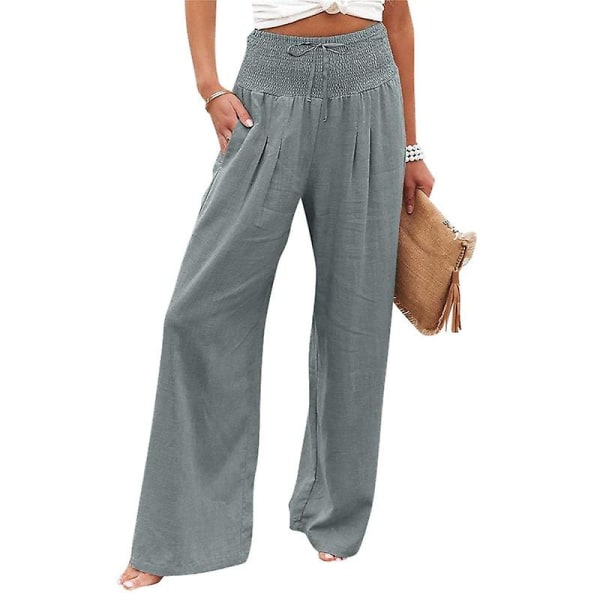 Dame Linned Boho Bred Ben Høj Talje Afslappede Bukser Grey XL