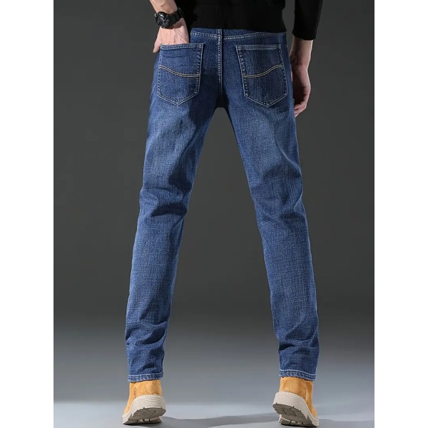 Varma fleecejeans för män för företag, casual jeansbyxor i streetstyle med fickor för höst och vinter blue Asia 37