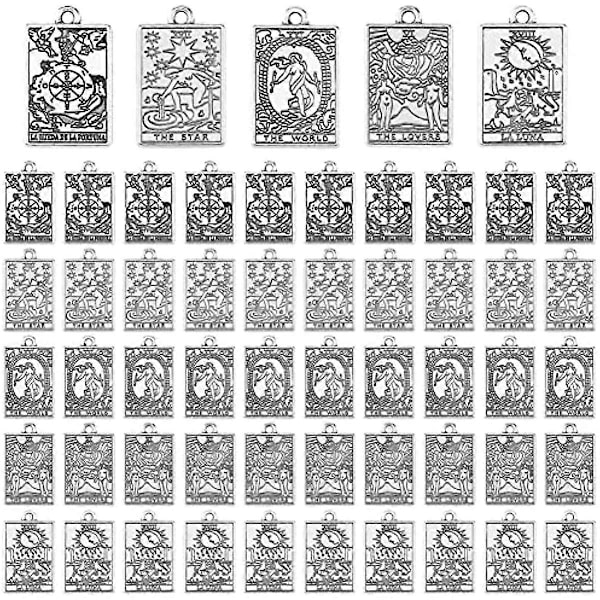 50 kpl Antiikkihopeisia Tarot-korttiheloja Suorakulmainen Tarot-heloja Onnenpyörä Rakastavaiset Maailma Tähti Luna Sinkkiseos Tarot-riipusheloja J:lle