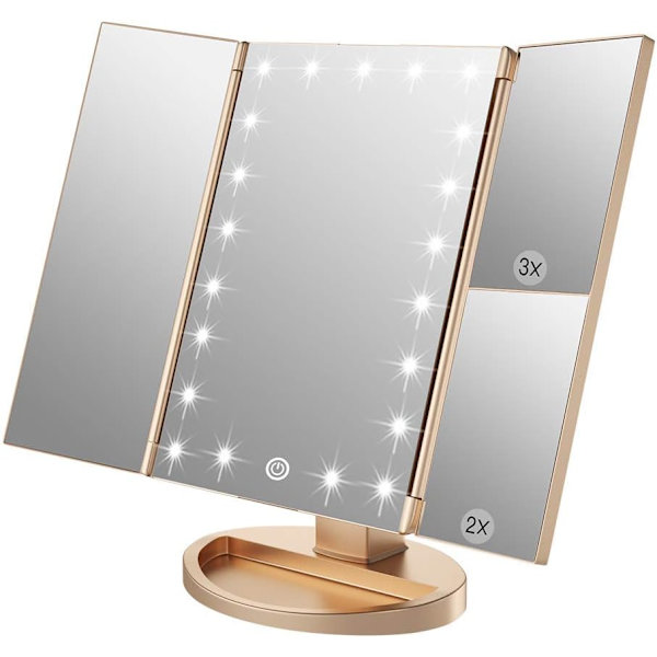 Belyst makeup spejl med 2X/3X forstørrelsesglas, 21 LED-lys, dobbelt strømforsyning, justerbar lysstyrke og vinkel
