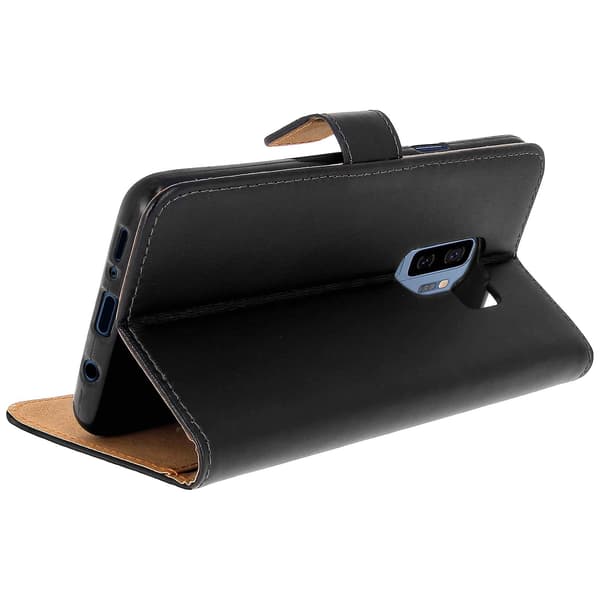 Læder Folio Etui til Galaxy S9 Plus, Video Stand Ægte Læder Sort