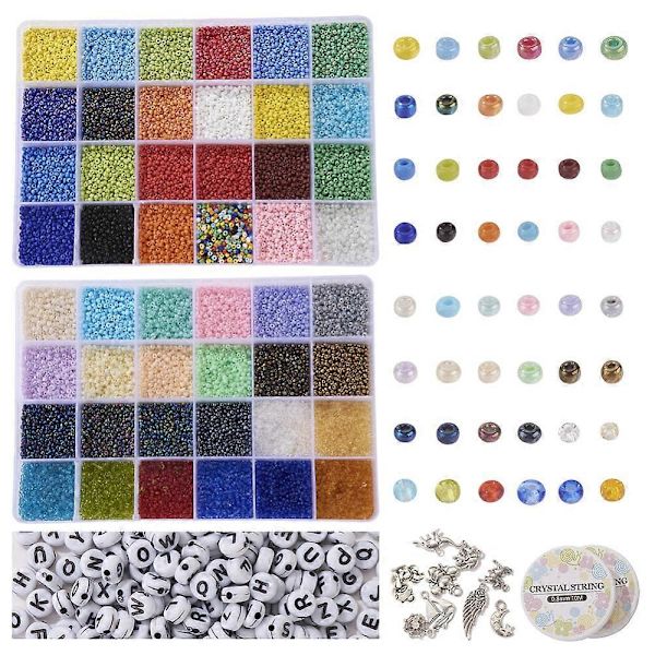 1 set DIY Färgglada Smyckeskit för Barnens Dag Inkluderar 48 Färger Glasfrö Pärlor 250 st Bokstav Akryl Pärlor