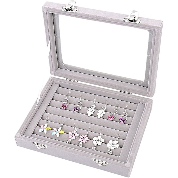 7 Rum Velvet Glas Ring Smykke Display Opbevaringsboks Bakke Etui Holder Ørering Organizer Stativ Grå