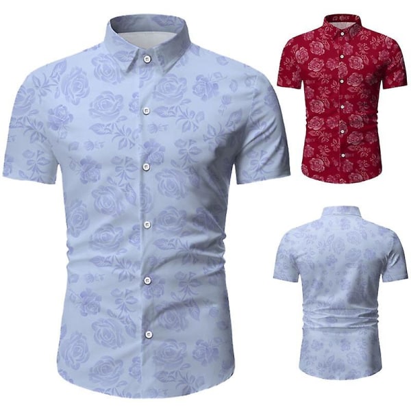 Herr blomma bomull Button Down kortärmad Hawaii skjorta Blue L