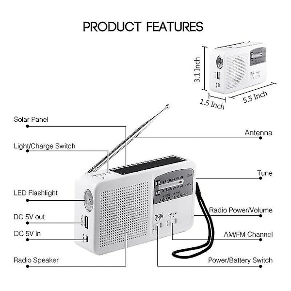 Hätäradio aurinkokennolla ja käsikammella, itseviritteinen, FM/AM-radio LED-taskulampulla, kannettava USB-lataus Green