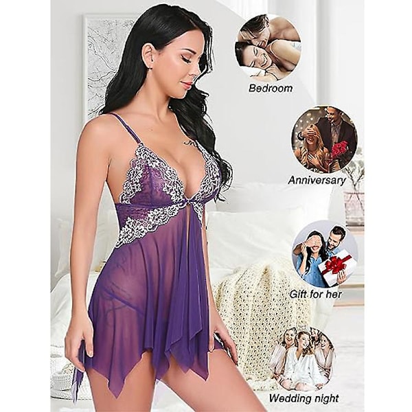 Kvinnors spetslingerie med spänne framtill, babydoll med V-ringning, nattlinne, sexig negligé PURPLE 3XL