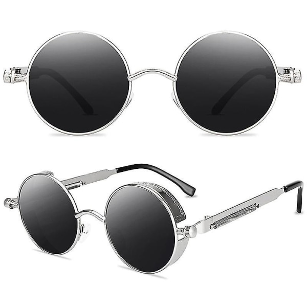 Aikuisten steampunk-pyöreät aurinkolasit, vintage retro -tyyliset cyberpunk-lasit Silver Frame Grey Lenses