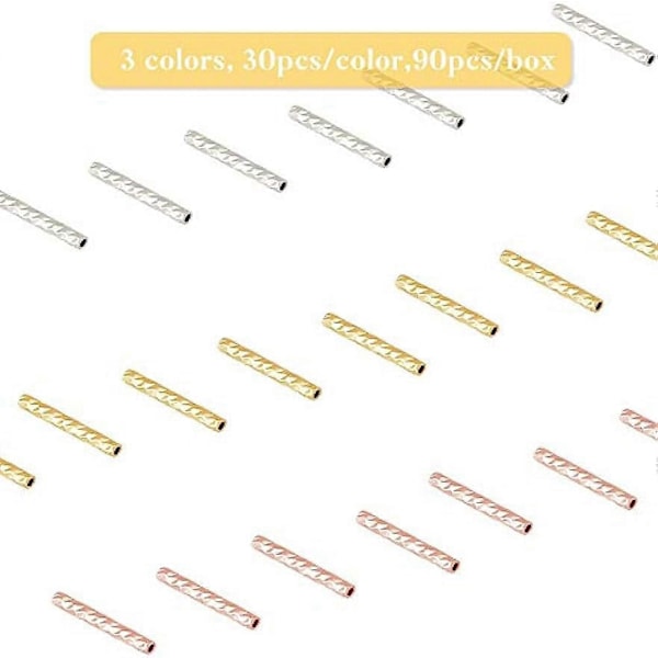 90 st Brassrörpärlor 10mm Långa Facetterade Noddle Rörpärlor 3 Färger Metall Distans Pärlor