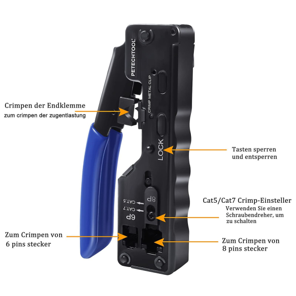 Rj45-krimpverktyg för Cat7 Cat6a Cat5 Cat5e Cat6-nätverks-Rj45-kontakt och 6p-telefonsladd Rj45